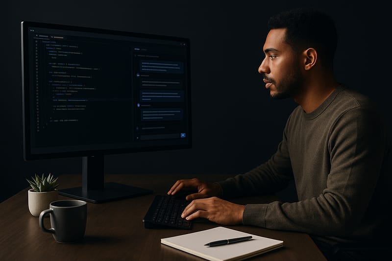 Desenvolvedor de software de pele morena e cabelo curto, sentado em uma mesa escura, olhando para um monitor que exibe um IDE com linhas de código coloridas e sugestões de IA; sobre a mesa há uma caneca de café, um bloco de notas e uma suculenta.