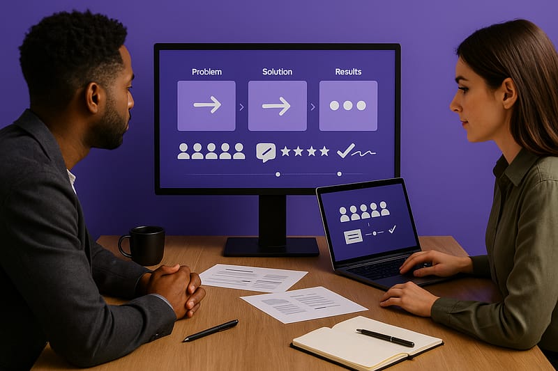 Dois profissionais de vendas revisam uma proposta comercial em mesa de madeira, telas voltadas para eles: monitor com sequência visual “problema → solução → resultados” e ícones de provas sociais (silhuetas, balão de fala, estrelas, check/assinatura), além de linha do tempo de marcos. Laptop exibe seção de aprovação com avatares e ícones genéricos.