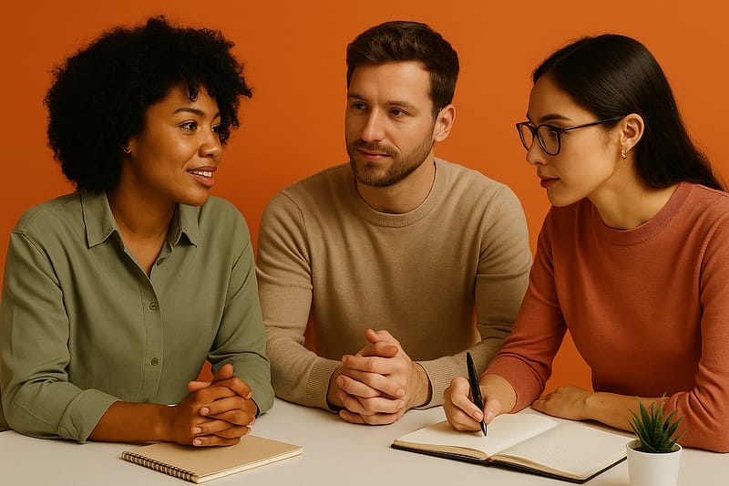 Três profissionais de marketing, de diferentes perfis, reunidos em frente a um fundo laranja, em um ambiente colaborativo, simbolizando o desenvolvimento de soft skills como comunicação e adaptabilidade.