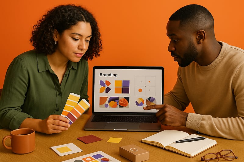Duas pessoas em estúdio criativo, fundo laranja sólido, discutindo identidade de marca diante de um notebook com formas e paletas de cores; sobre a mesa, amostras Pantone, caderno aberto, caixa de embalagem, óculos e caneca, iluminação suave e sombras realistas.