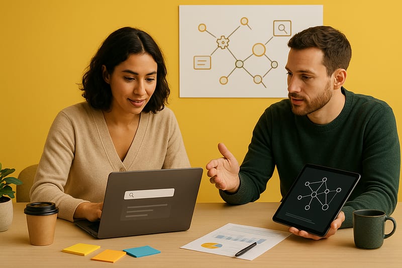 Duas pessoas em estúdio com fundo amarelo. O notebook está orientado para a mulher à esquerda, mostrando um bloco de resposta; o homem à direita segura um tablet. Ao fundo, quadro com diagrama de entidades. Sobre a mesa, post-its, relatório impresso, canecas e plantas.