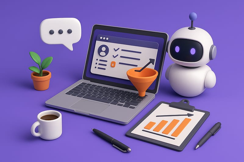 Ilustração digital 3D mostra um robô de IA ao lado de um laptop com funil de vendas na tela, gráfico de desempenho em prancheta, caneta, café e planta, sobre fundo roxo.
