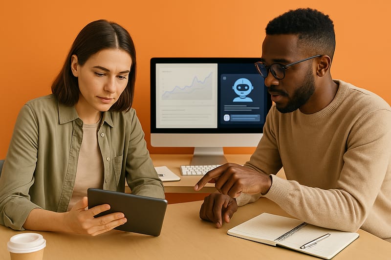 Dois profissionais de marketing analisam um tablet em um escritório moderno com fundo laranja; ao fundo, um monitor exibe gráficos e a interface de um chatbot de IA, representando o uso de inteligência artificial do planejamento à automação.