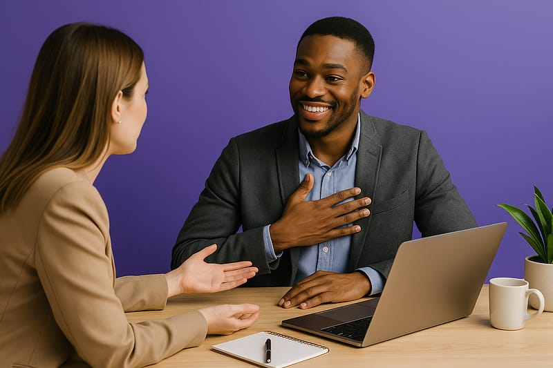 Um vendedor sentado em uma mesa de reunião moderna, sorrindo enquanto conversa com clientes. A cena transmite empatia, confiança e conexão, representando soft skills aplicadas em vendas.