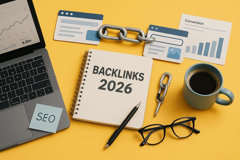 Mesa de trabalho sobre fundo amarelo com laptop, bloco de notas com “Backlinks 2026”, xícara de café, óculos e gráficos de conversão, simbolizando estratégias de SEO e construção de autoridade digital.