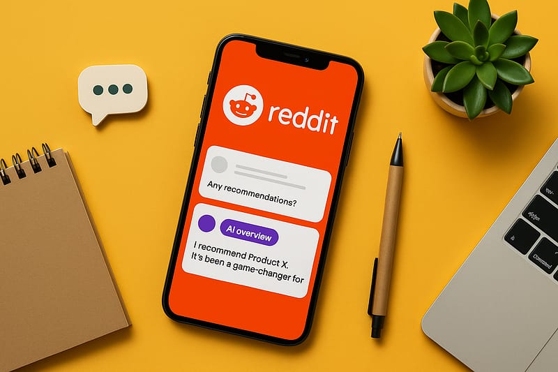 smartphone preto exibe interface do Reddit com tópicos sobre recomendações e IA, sobre mesa amarela com caderno, caneta, planta e notebook.