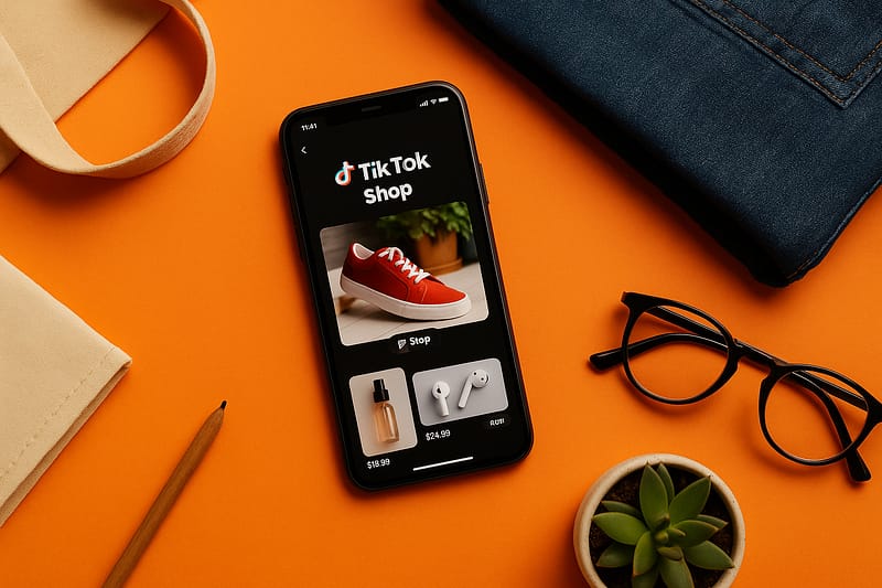 smartphone moderno exibe a tela do TikTok Shop com produtos em destaque, incluindo tênis vermelhos, fone de ouvido e frasco de perfume, sobre mesa laranja com óculos, caderno, lápis e planta.