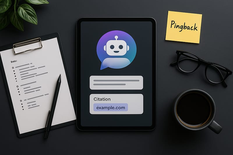 Tablet exibindo ícone de IA e campo “Citation example.com”, ao lado de prancheta com dados, óculos, caneca de café e post-it escrito “Pingback”.