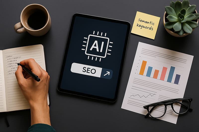 mesa com tablet mostrando ícone de IA e campo “SEO”, ao lado de caderno com anotações, caneca de café, óculos, gráfico impresso e planta pequena.