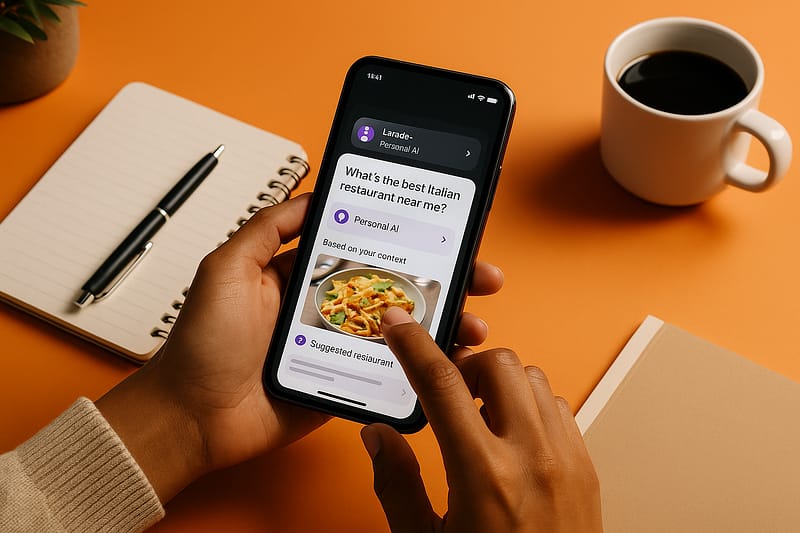 Pessoa segura um smartphone exibindo interface de busca com IA, sobre mesa alaranjada com caderno, caneta e xícara de café.