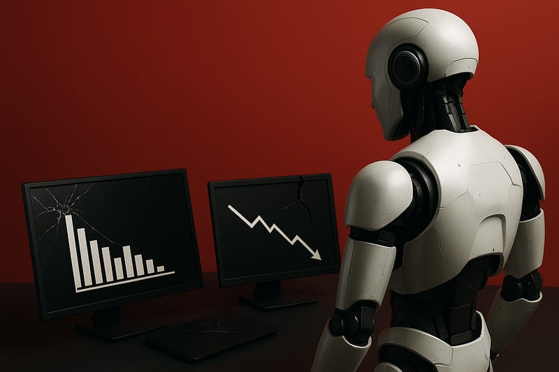 Profissional observa gráficos de queda em uma tela grande, representando o impacto da IA no mercado e o colapso do product market fit.