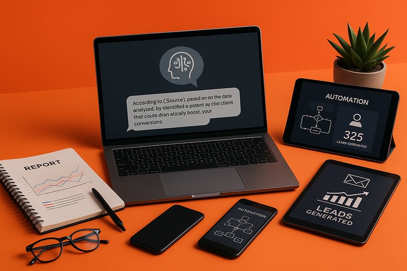 Fotografia digital de um workspace moderno com notebook, tablet e smartphone exibindo gráficos de automação e geração de leads, sobre fundo laranja.