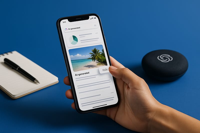 Pessoa segura smartphone exibindo feed de notícias com opção de ocultar anúncios e conteúdos gerados por IA.