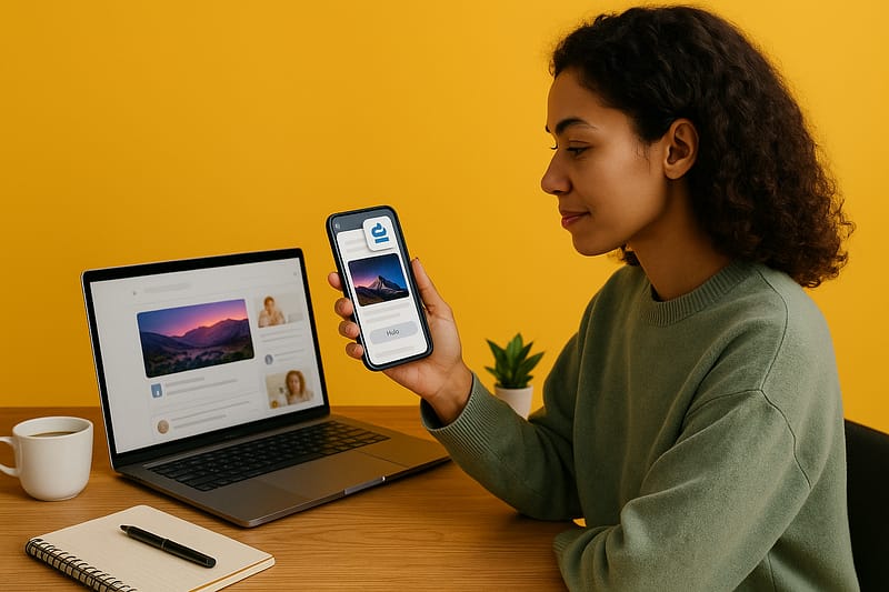 Mulher jovem segura um smartphone exibindo uma página de conteúdo enquanto observa um laptop com um feed semelhante ao Google Discover em uma mesa.