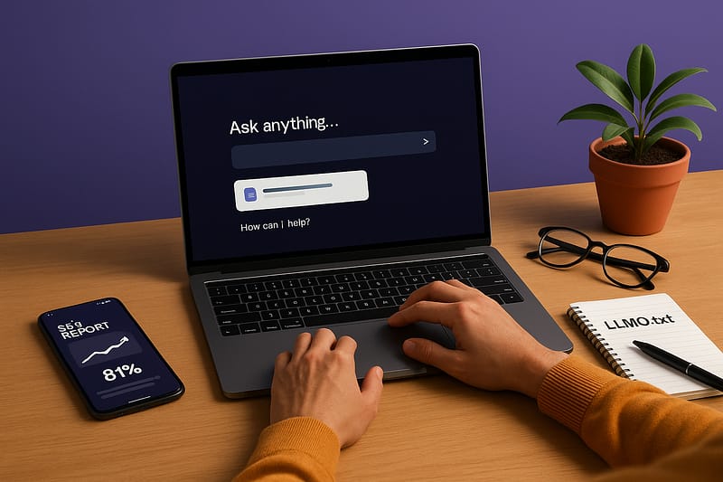 Mesa de trabalho moderna com notebook exibindo interface de IA, celular com relatório de SEO, caderno com o título “LLMO.txt”, óculos e planta em vaso, representando o uso de LLMs no marketing digital.