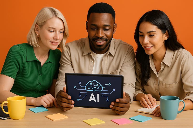 Três profissionais de marketing observam um tablet juntos sobre uma mesa, com expressões de interesse e colaboração, em um ambiente moderno com fundo laranja.