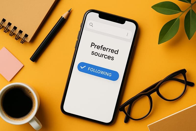 smartphone moderno exibindo “Preferred sources” em uma interface limpa, sobre mesa laranja com xícara de café, caderno, lápis, óculos e planta.
