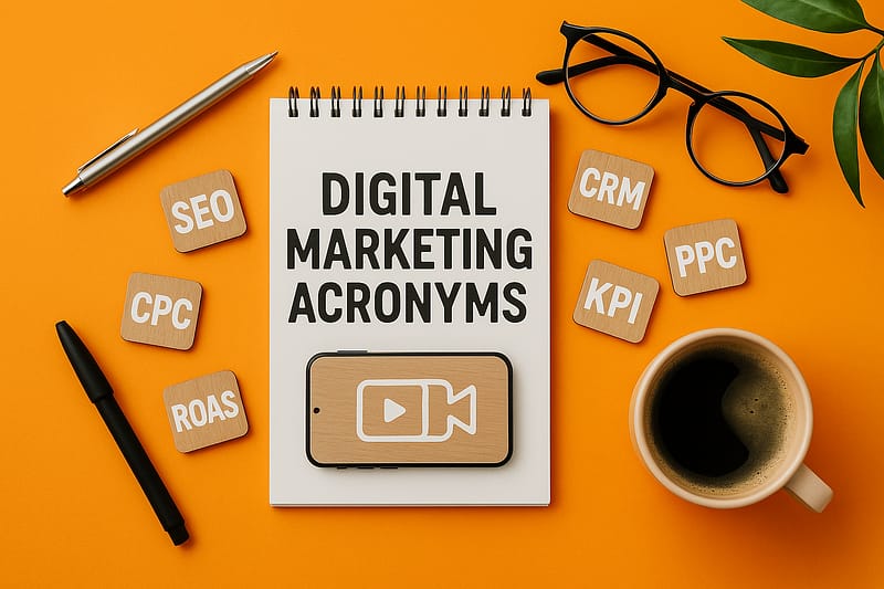 Fotografia digital de uma mesa com fundo laranja vibrante, mostrando um caderno com o título “Digital Marketing Acronyms”, peças de madeira com siglas como SEO, CPC, KPI e CRM, além de um celular, óculos, caneca de café e caneta.