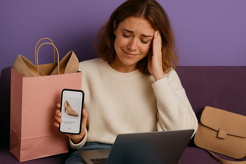 Mulher jovem sentada em sofá roxo segura um celular mostrando a imagem de um sapato, ao lado de uma sacola de compras e um notebook, com expressão entre cansaço e conforto.