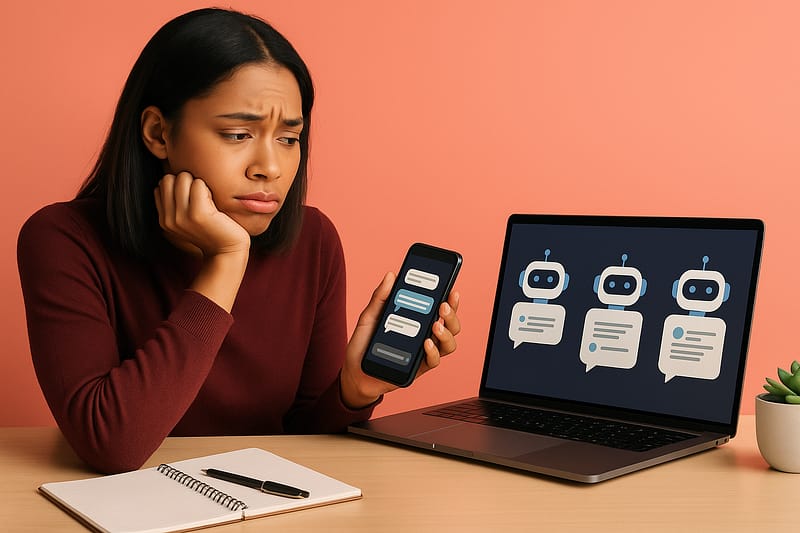 Mulher observa frustrada o celular e o notebook com interfaces de chatbot, representando resultados insatisfatórios de IAs genéricas.