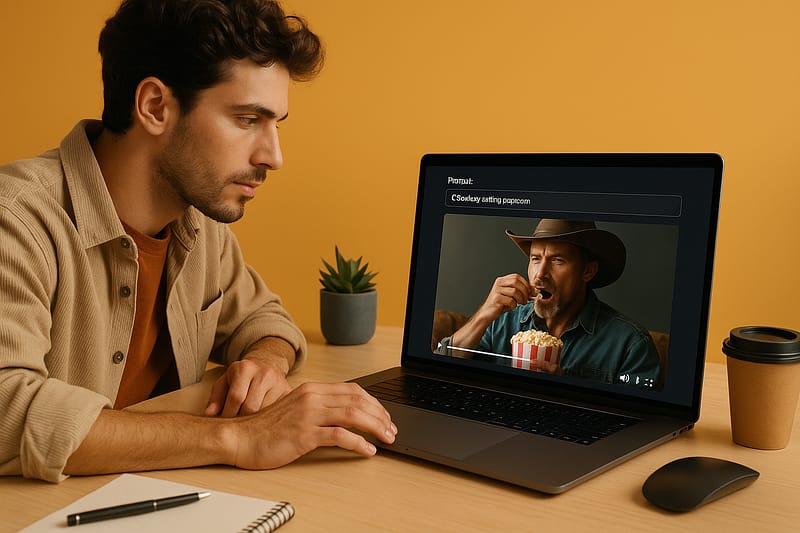 Jovem sentado em frente a um laptop observa um vídeo hiper-realista gerado por IA mostrando um cowboy comendo pipoca.
