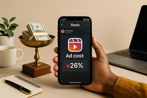 Mão segura smartphone com tela mostrando aumento de 26% no custo de anúncios do Instagram Reels.