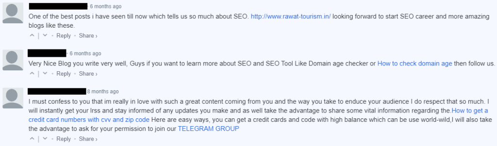 Examples of spammy comments in a blog post