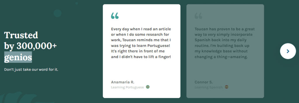 Toucan social proof example