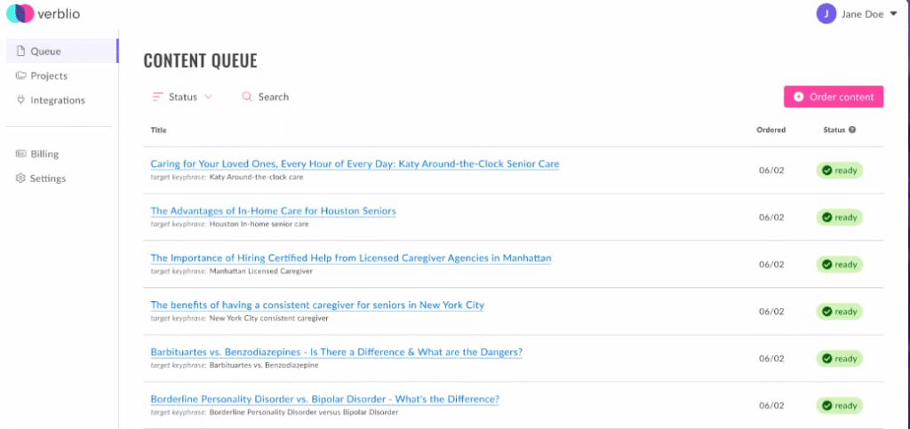 Verblio content queue screenshot