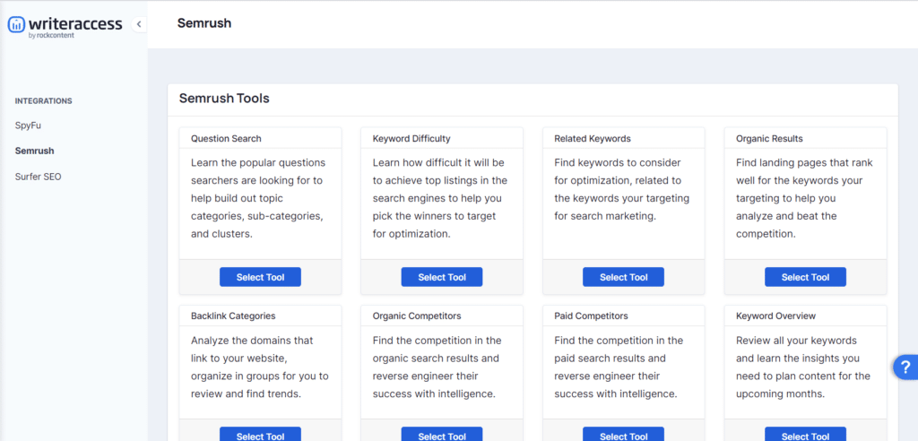 how to use semrush integration in writeraccess
