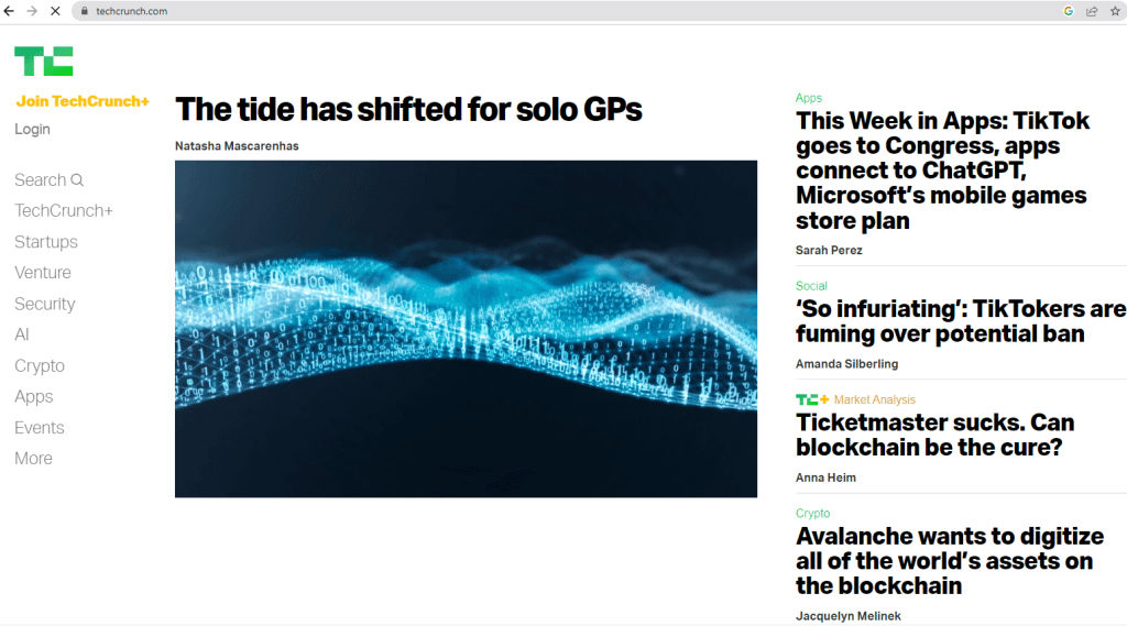 News corporate blog example. Screenshot of TechCrunch news blog