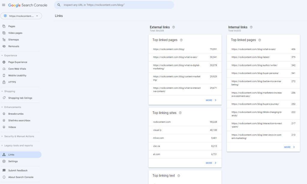 Google Search Console links inspection
