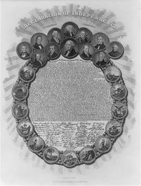The first 12 U.S. presidents are seen in this engraving of the Declaration of Independence, circa 1850. Courtesy of the Library of Congress, LC-USZ62-41929