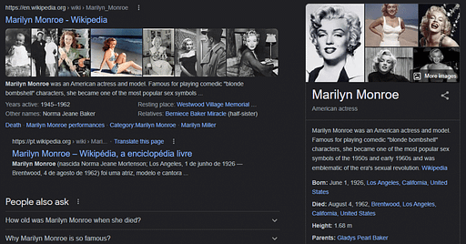 Marilyn Monroe on her Knowledge Panel on Google Marilyn Monroe on her Knowledge Panel on Google
