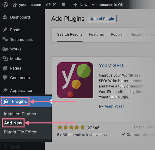Screenshot of Yoast SEO installation on WordPress