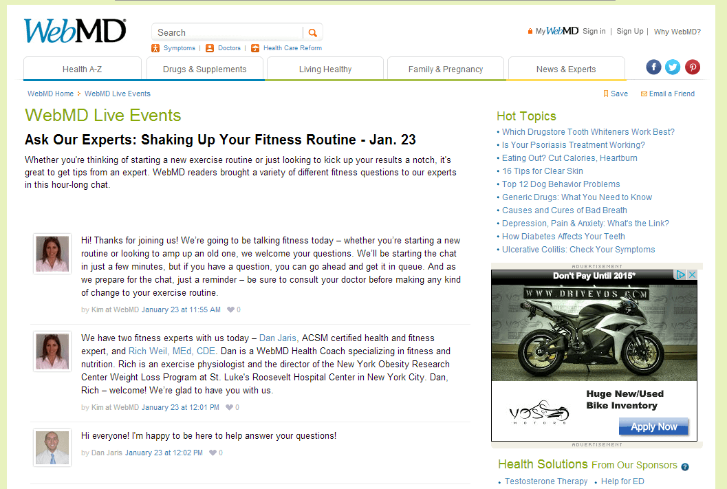 webmd live chat fitness experts
