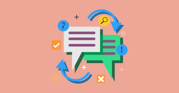 Dialogue boxes, question marks, search icon, exclamation marks. It illustrates a few of the users' interaction with a deep content.