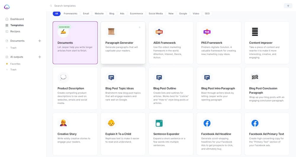 Jasper AI templates for documents, paragraphs creation, product description etc.