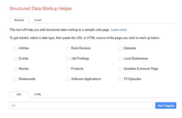 Google's Data Markup Helper first page