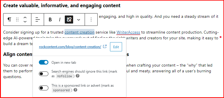 Anchor text and internal links – example from this article