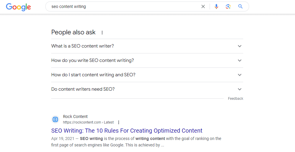 Rock Content's article on SEO Writing ranking on Google's first page for the key phrase