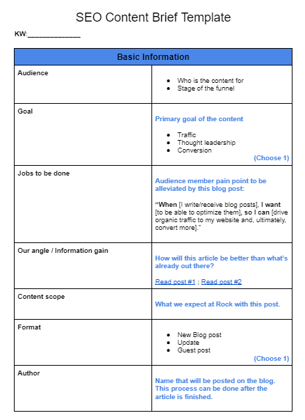 The first page of Rock Content's SEO team content brief template